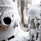 Bevroren stalen vaten omringd door ijs waar Canadese icewine wordt gemaakt, een exclusieve dessertwijn met unieke smaak