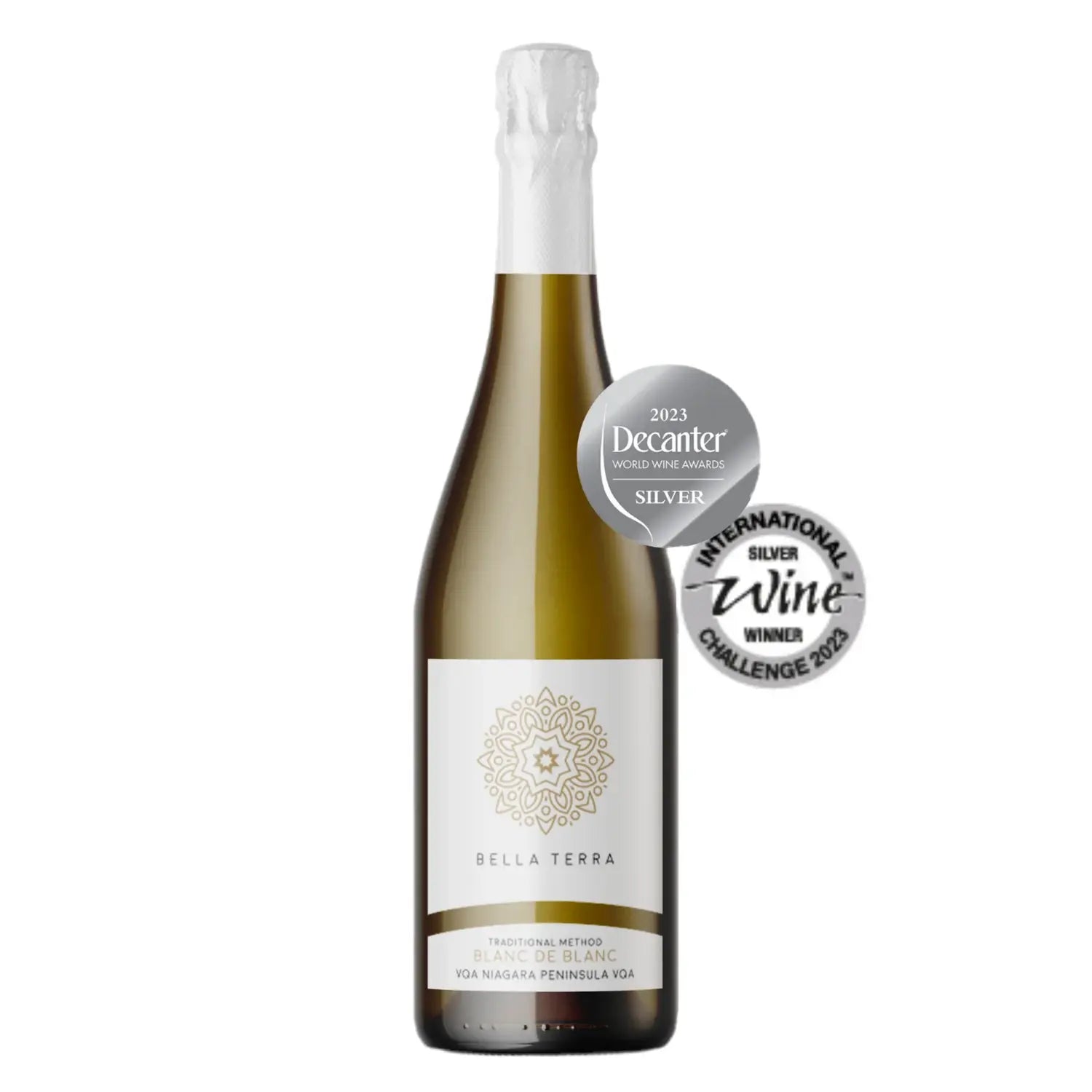 Bekroonde Canadese Chardonnay uit Niagara – elegante mousserende wijn met tonen van citrus, perzik en geroosterde mineraliteit, winnaar van zilver bij Decanter, IWC en All Canadian Wine Awards 2023.