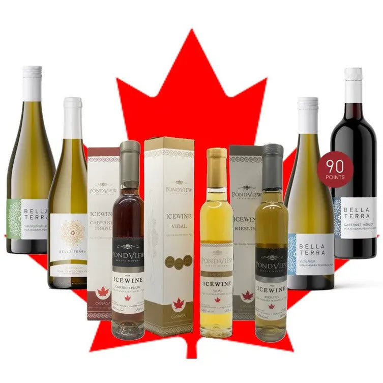 Canadese wijnen en icewine gepresenteerd in een sfeervolle setting, met flessen en glazen gevuld met rijke, zoete wijn uit Canada – perfect voor liefhebbers van dessertwijn, Canadese wijn en hoogwaardige icewine