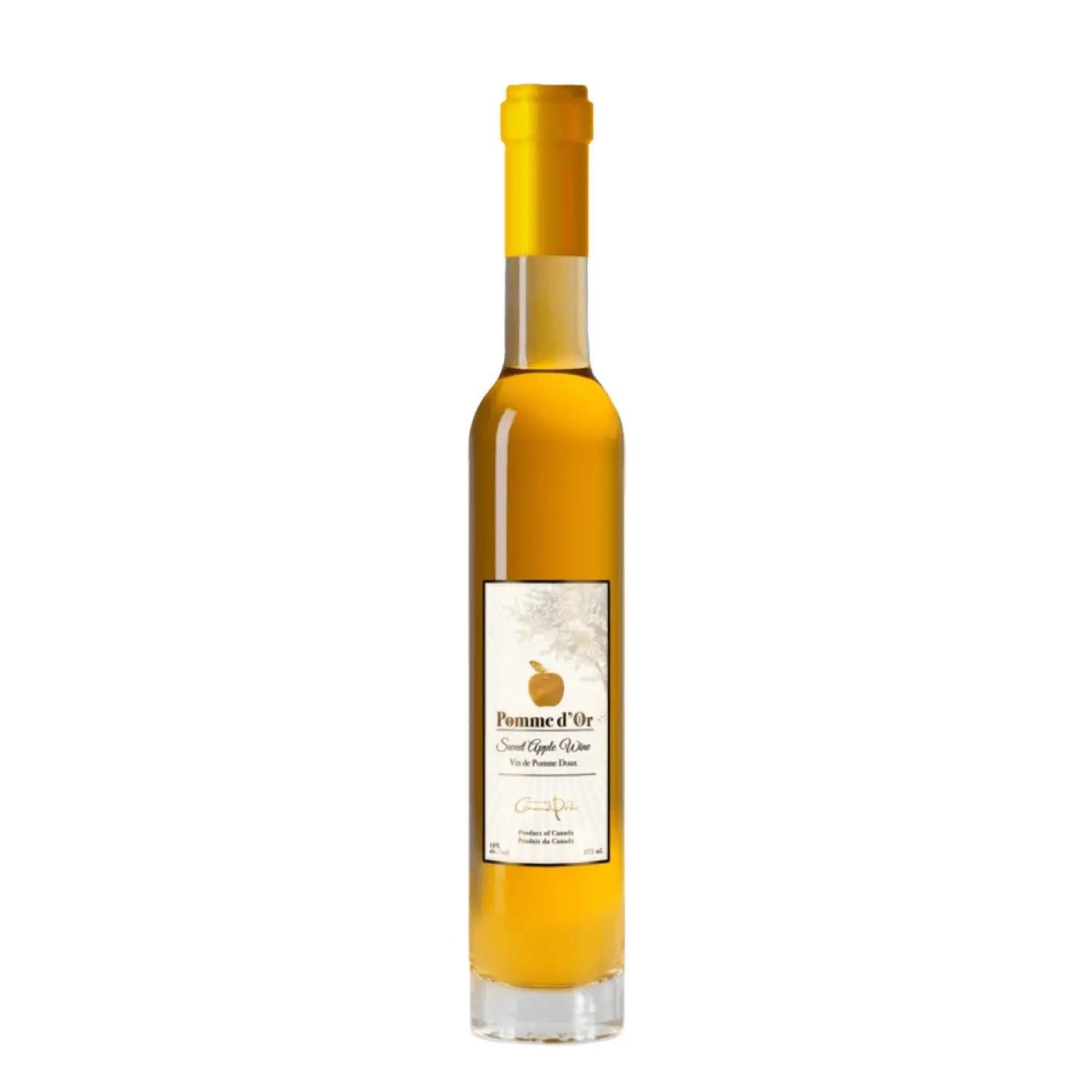 Fles Pomme d'Or Ice Cider uit Nova Scotia, gemaakt van lokale appelrassen door Grand Pré Winery – een elegante Canadese cider met rijke zoetheid, ideaal bij dessert of kaas.