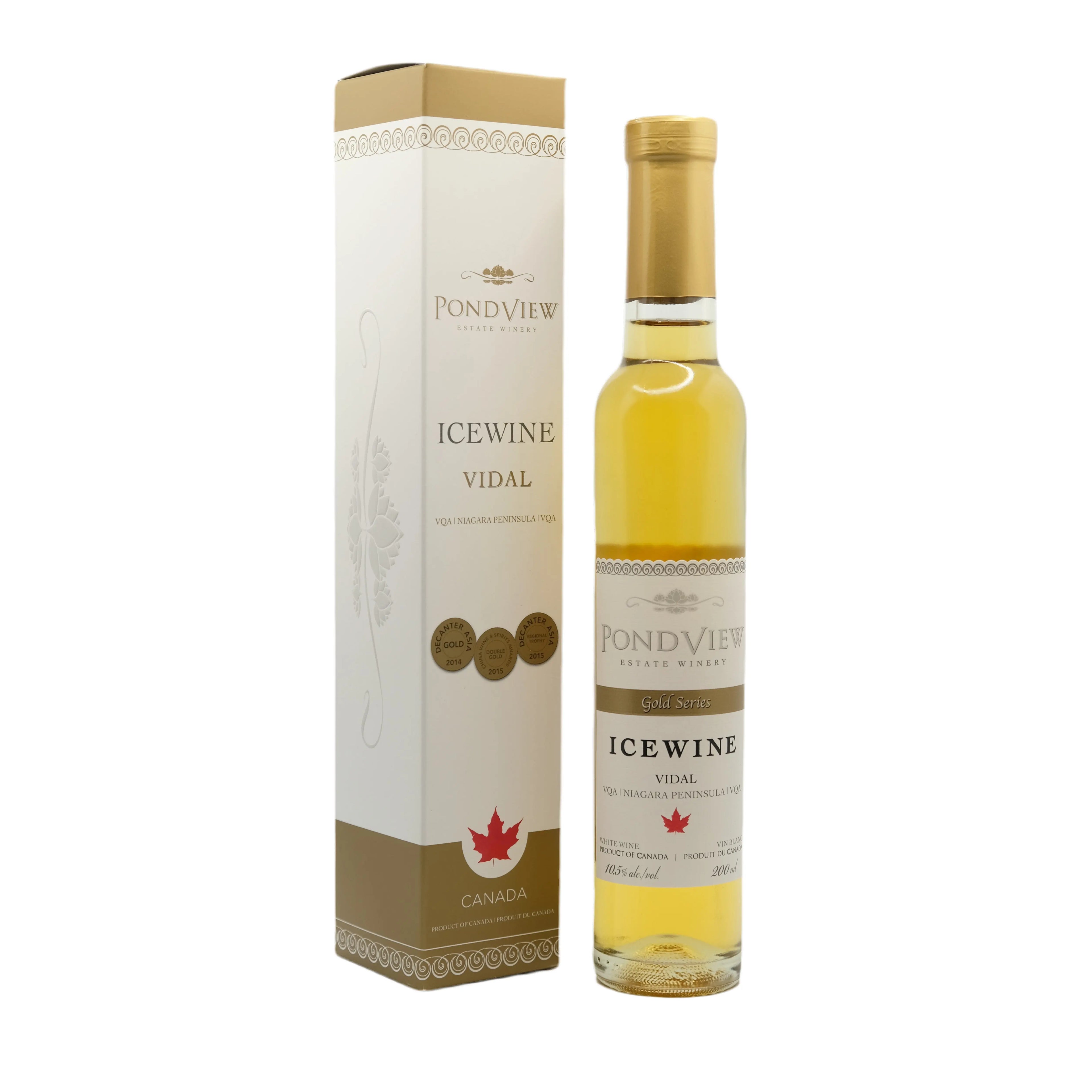 Pondview Estate Winery Vidal Icewine – Canadese ijswijn met rijke gouden kleur en aroma’s van abrikoos, honing en tropisch fruit, perfect als dessertwijn.